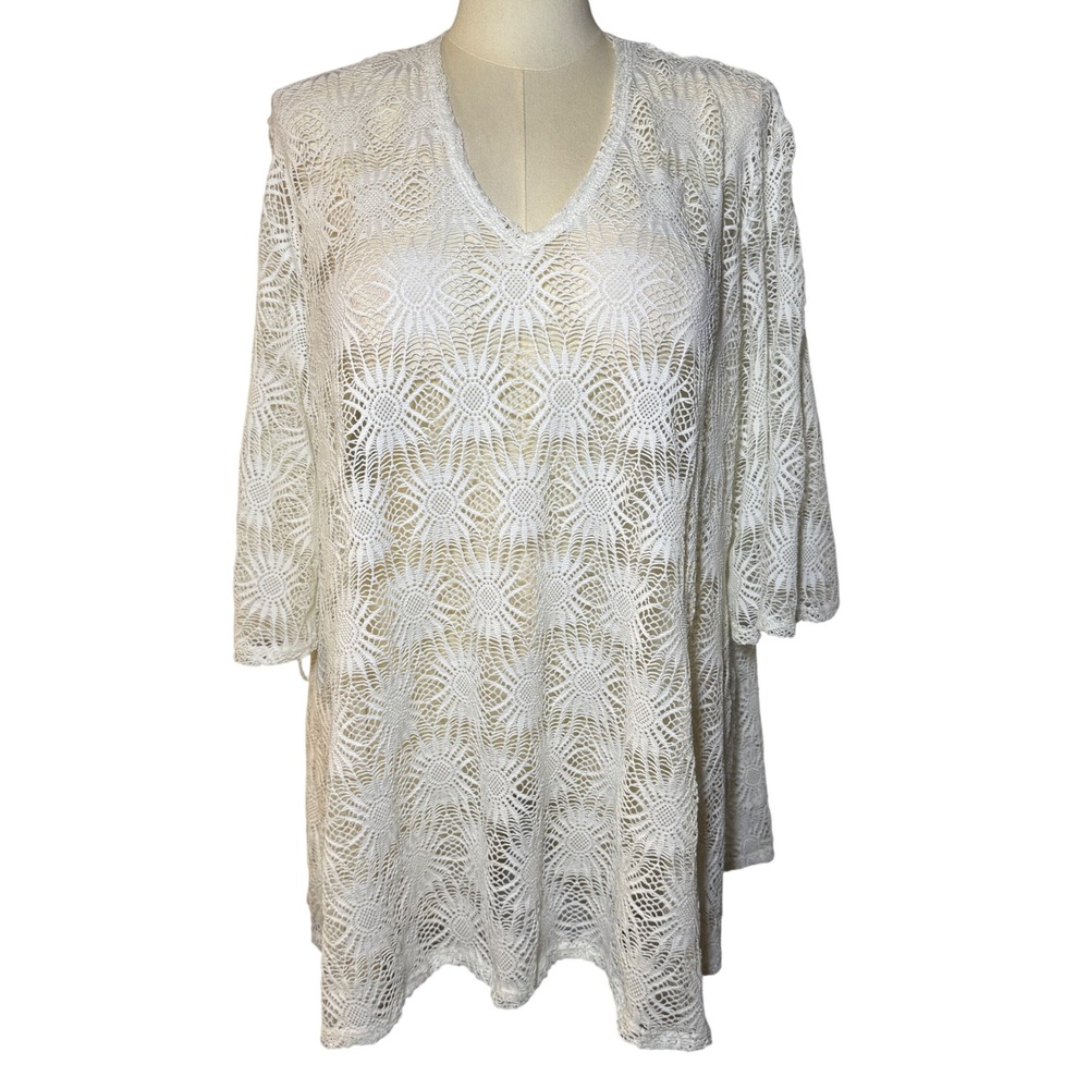Always For Me‎ White Crochet Lace Swim Cover Up Tunic V-Neck 1X